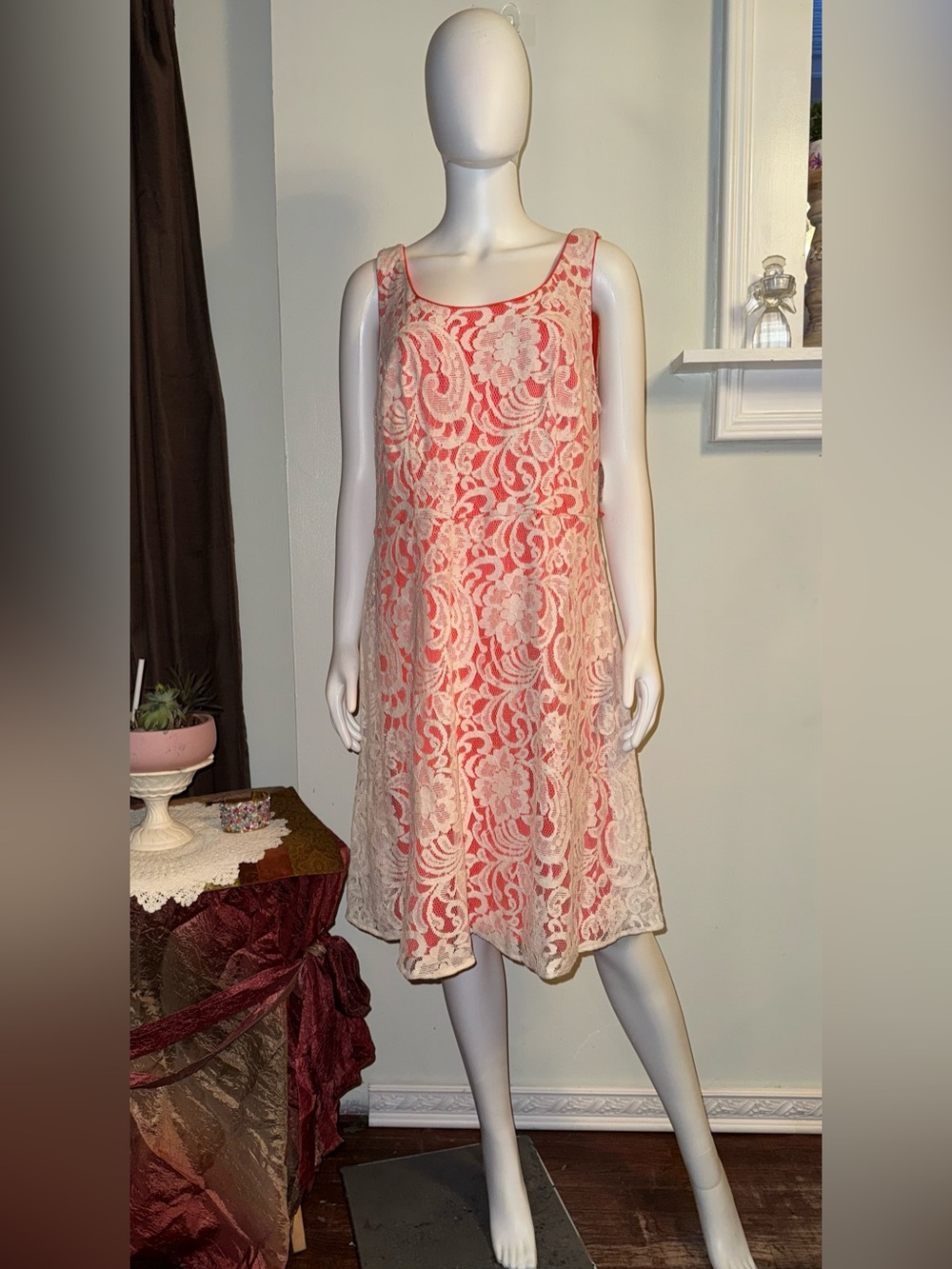 Dress Barn Coral Slip with Cream Lace Overlay